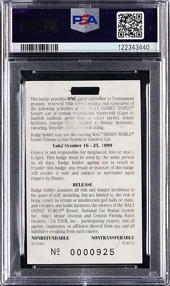 1999 National Car Rental at Disney Resort Classic Golf Pass PSA POOR 1 - Tiger Woods PGA Win #13