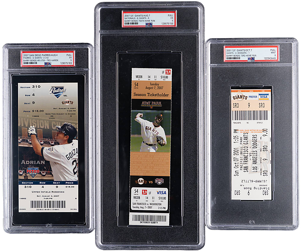 Barry Bonds Home Run Milestone PSA Graded Ticket Trio with Single Season Record 73rd HR, Career HR #755 Tying Hank Aaron & Career HR #756 Breaking Record