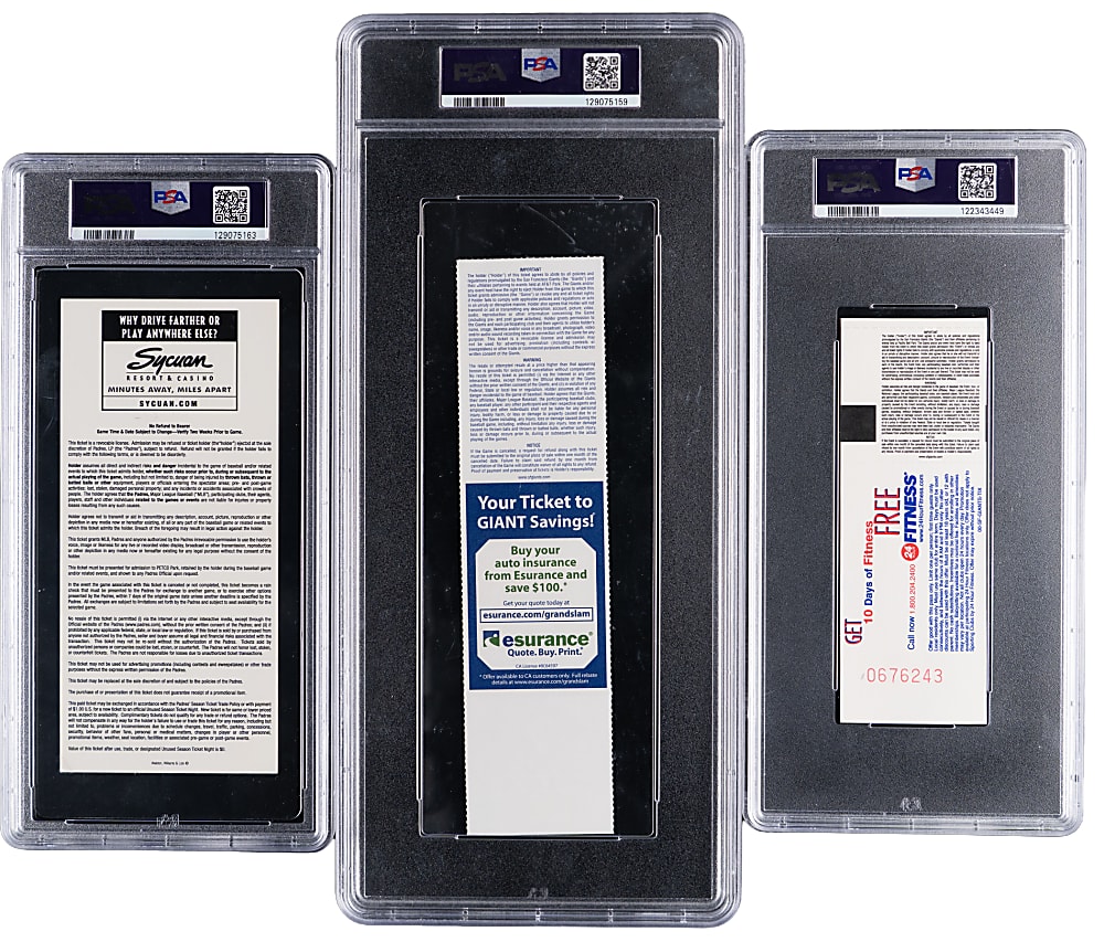 Barry Bonds Home Run Milestone PSA Graded Ticket Trio with Single Season Record 73rd HR, Career HR #755 Tying Hank Aaron & Career HR #756 Breaking Record