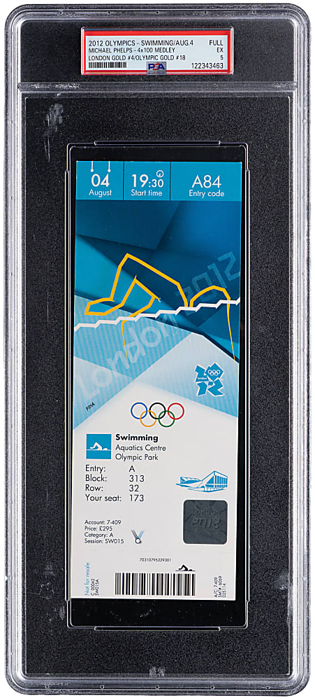 2012 London Olympics 4x100 Medley Full Ticket PSA EX 5 - Michael Phelps Career Gold Medal #18