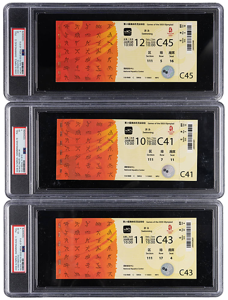 2008 Beijing Olympics Michael Phelps Record 8 Gold Medal Complete PSA Graded Ticket Set