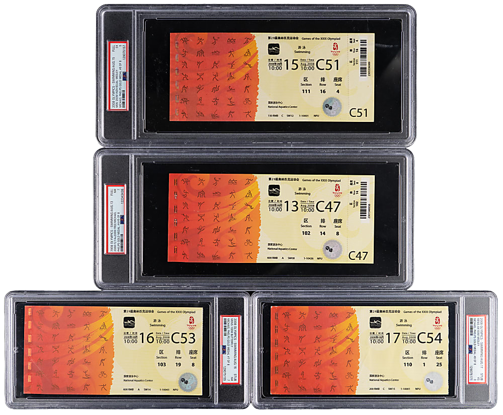 2008 Beijing Olympics Michael Phelps Record 8 Gold Medal Complete PSA Graded Ticket Set