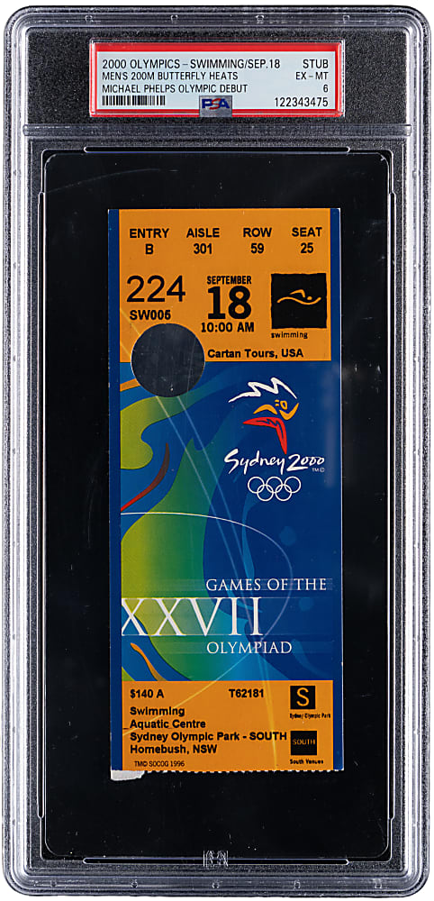 2000 Sydney Olympics 200M Butterfly Ticket Stub PSA EX-MT 6 - Michael Phelps Olympic Debut (Population 1, None Higher)