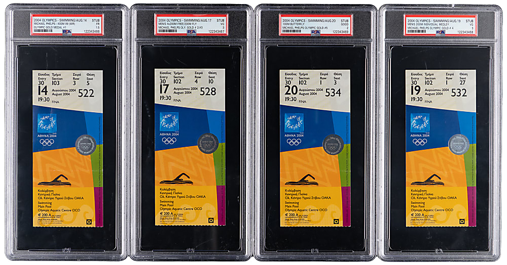 2004 Athens Olympics Michael Phelps PSA Graded Gold Medal Near Set (4/5) - Including 1st Ever Gold Medal
