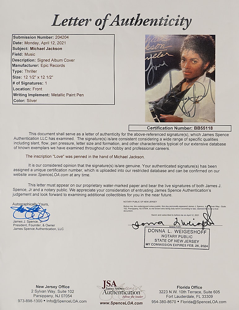 Michael Jackson Boldly Signed 1982 Thriller Album Cover With Full JSA LOA - Mammoth Signature!