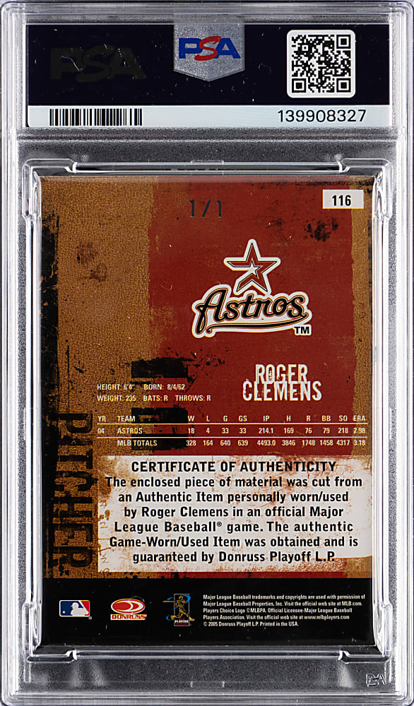 2005 Donruss Leather & Lumber #116 Roger Clemens MLB Logoman Patch #1/1 PSA NM-MT 8