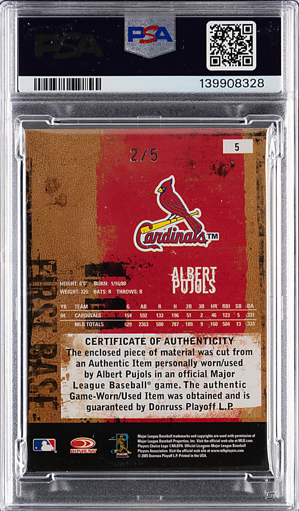 2005 Donruss Leather & Lumber #5 Albert Pujols MLB Logoman Patch #2/5 PSA NM 7