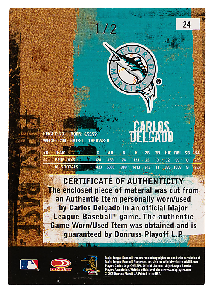 2005 Donruss Leather & Lumber #24 Carlos Delgado MLB Logoman Patch #1/2