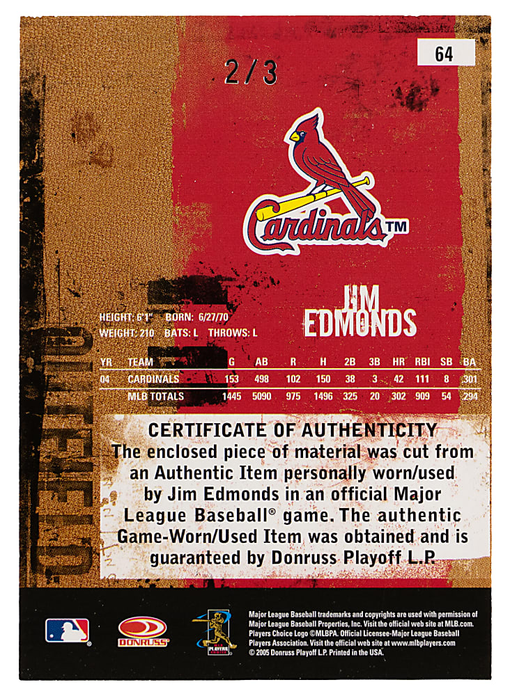 2005 Donruss Leather & Lumber #64 Jim Edmonds MLB Logoman Patch #2/3
