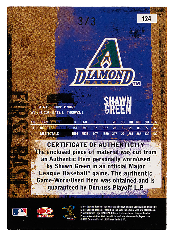 2005 Donruss Leather & Lumber #124 Shawn Green MLB Logoman Patch #3/3