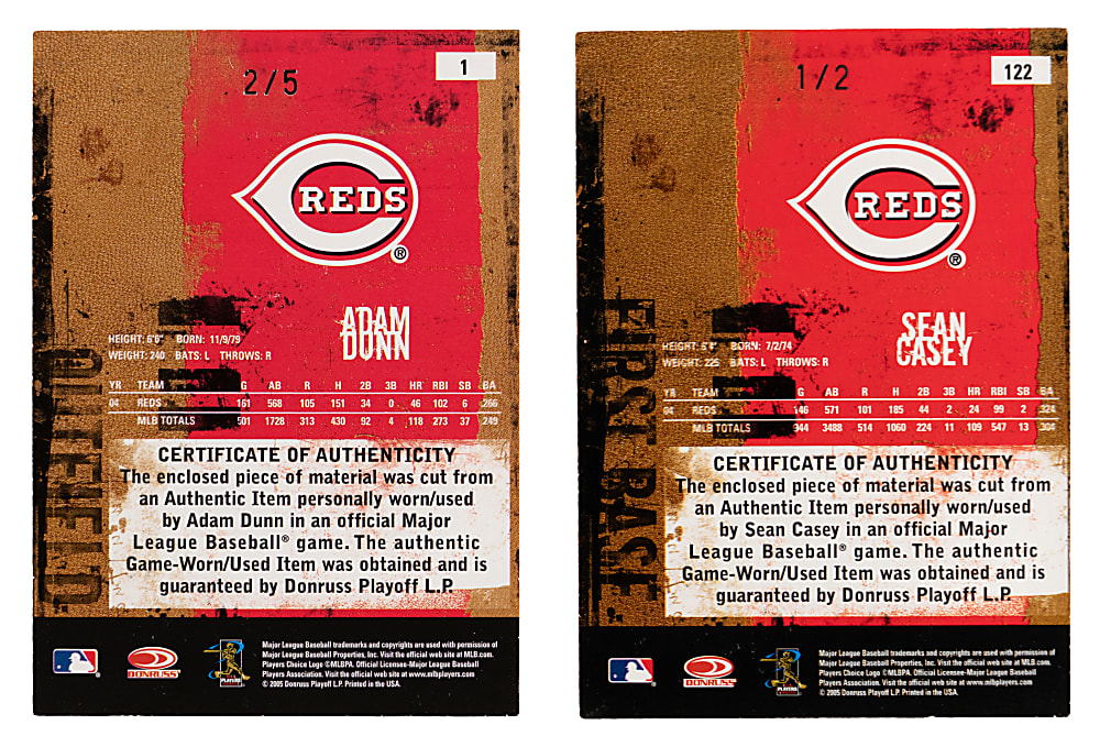 2005 Donruss Leather & Lumber #1 Adam Dunn (#2/5) & #122 Sean Casey (#1/2) MLB Logoman Patch Pair