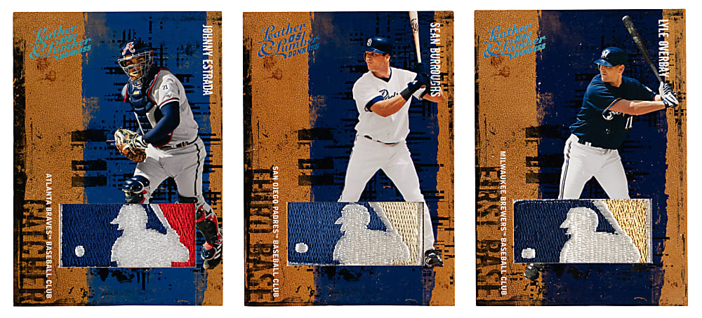 2005 Donruss Leather & Lumber MLB Logoman Patch Trio with Burroughs, Estrada & Overbay - Each Numbered #1/1 or #/2