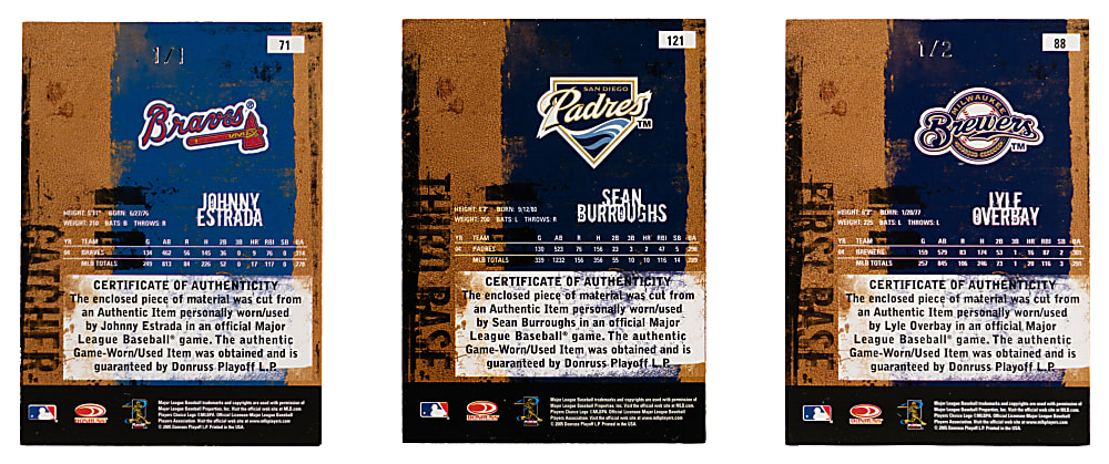 2005 Donruss Leather & Lumber MLB Logoman Patch Trio with Burroughs, Estrada & Overbay - Each Numbered #1/1 or #/2