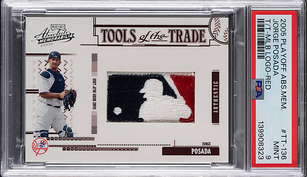 2005 Playoff Absolute Memorabilia #136 Tools of the Trade Jorge Posada MLB Logoman Patch #2/2 PSA MINT 9