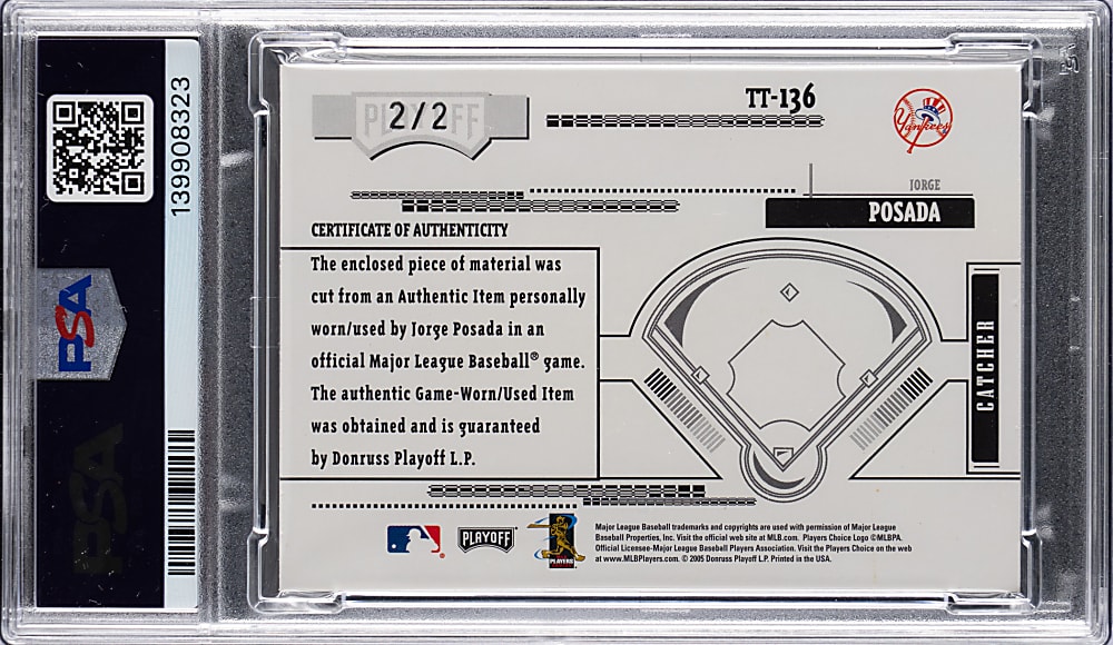 2005 Playoff Absolute Memorabilia #136 Tools of the Trade Jorge Posada MLB Logoman Patch #2/2 PSA MINT 9