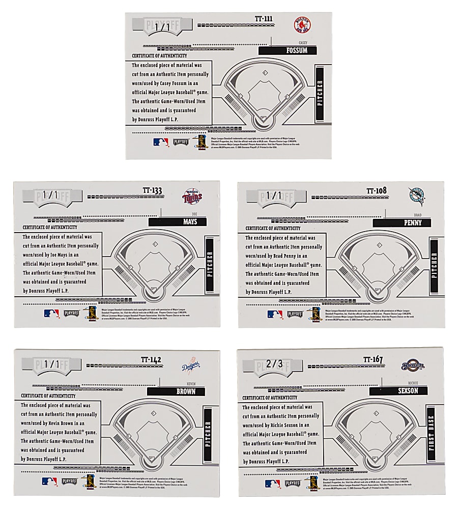 2005 Playoff Absolute Memorabilia Tools of the Trade MLB Logoman Patches (5)  with Kevin Brown & Richie Sexson (Four #1/1, One #/3)