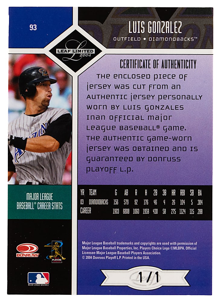 2004 Leaf Limited Threads #93 Luis Gonzalez MLB Logoman Patch #1/1