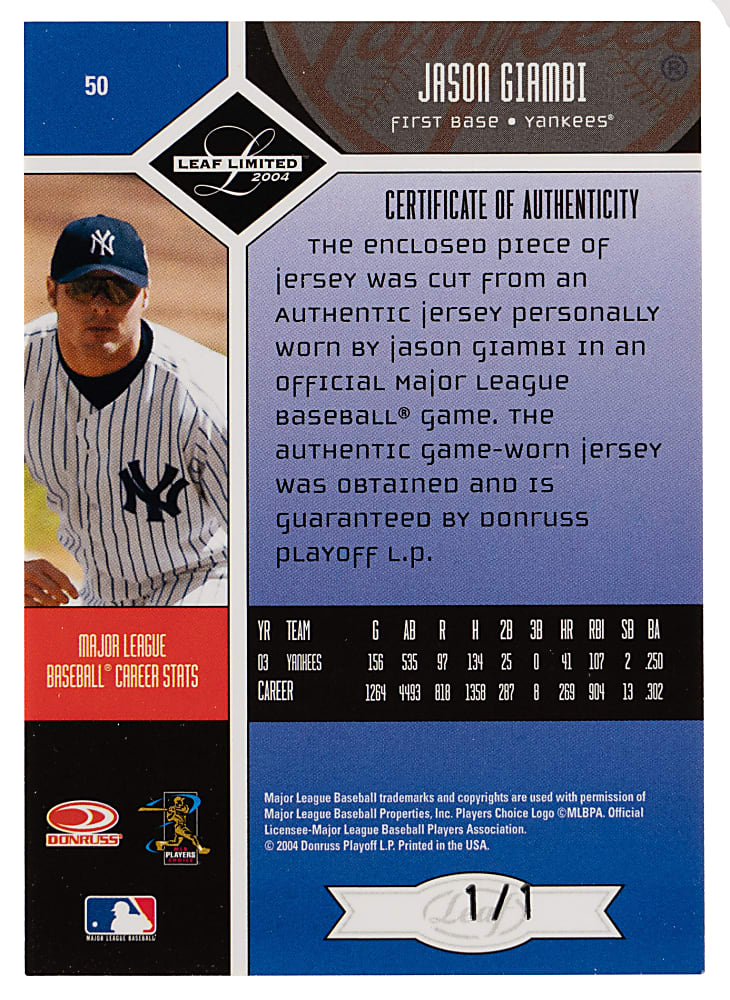 2004 Leaf Limited Threads #50 Jason Giambi MLB Logoman Patch #1/1