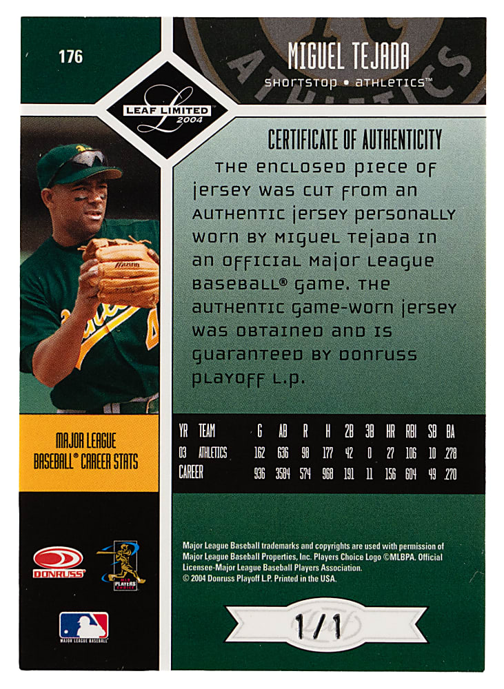 2004 Leaf Limited Threads #176 Miguel Tejada MLB Logoman Patch #1/1