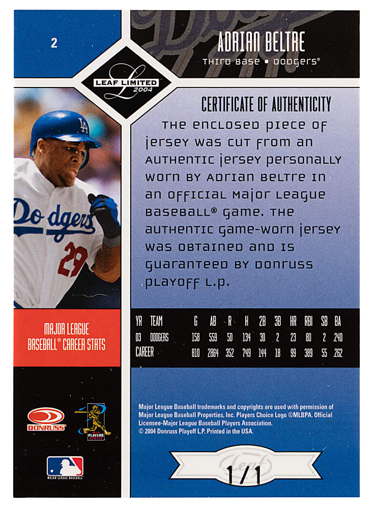 2004 Leaf Limited Threads #2 Adrian Beltre MLB Logoman Patch #1/1