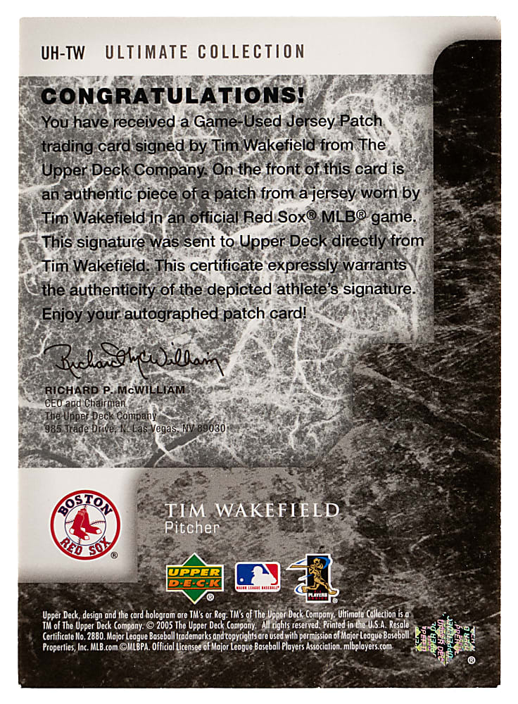 2005 Ultimate Collection Hurlers Tim Wakefield Certified Autograph Patch #/10