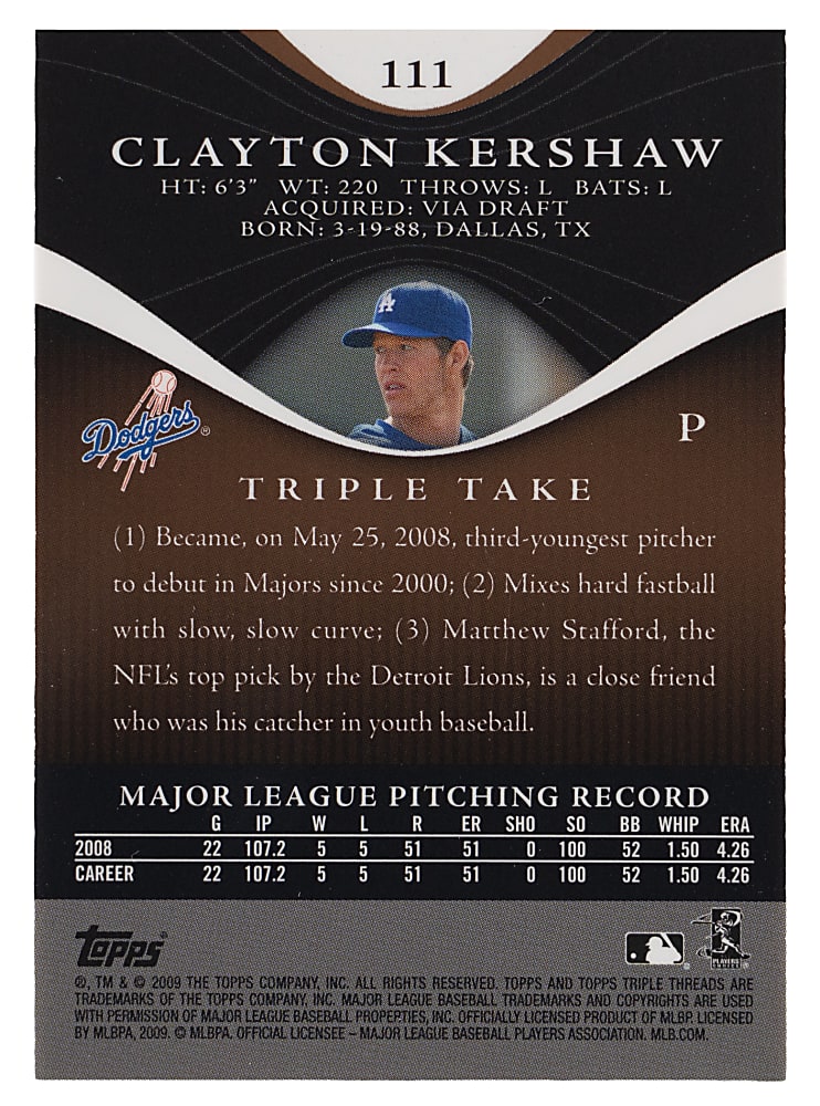 2009 Topps Triple Threads Rising Stars Clayton Kershaw Auto Relic #41/75