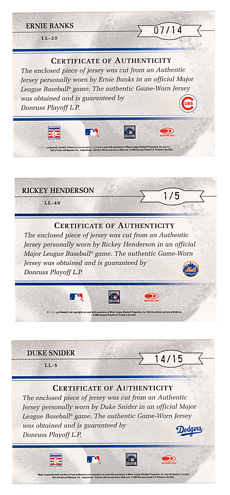 2005 Leaf Limited Legends Jersey Number Certified Autograph Trio with Banks, Henderson & Snider - Each #/15 or Lesser