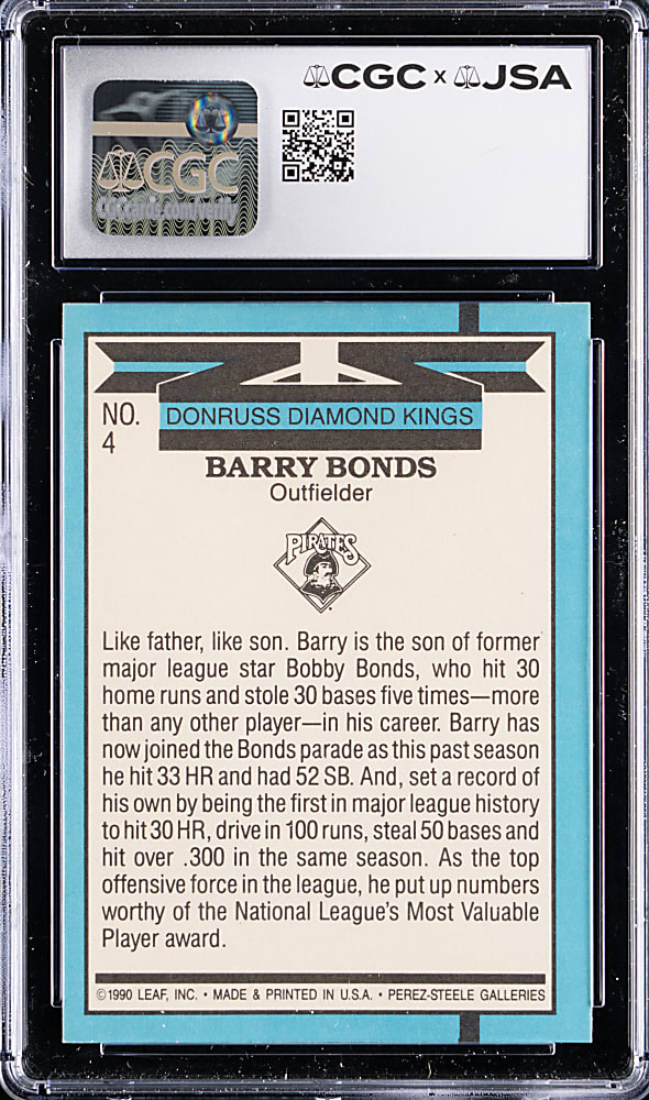 1991 Donruss Diamond Kings #4 Barry Bonds Signed CGC EX/NM 6 with JSA Auto 10