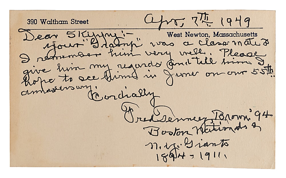 1949 Fred Tenney Signed Correspondence Card with "Boston Nationals & NY Giants, 1894-1911" Inscription - Full JSA LOA