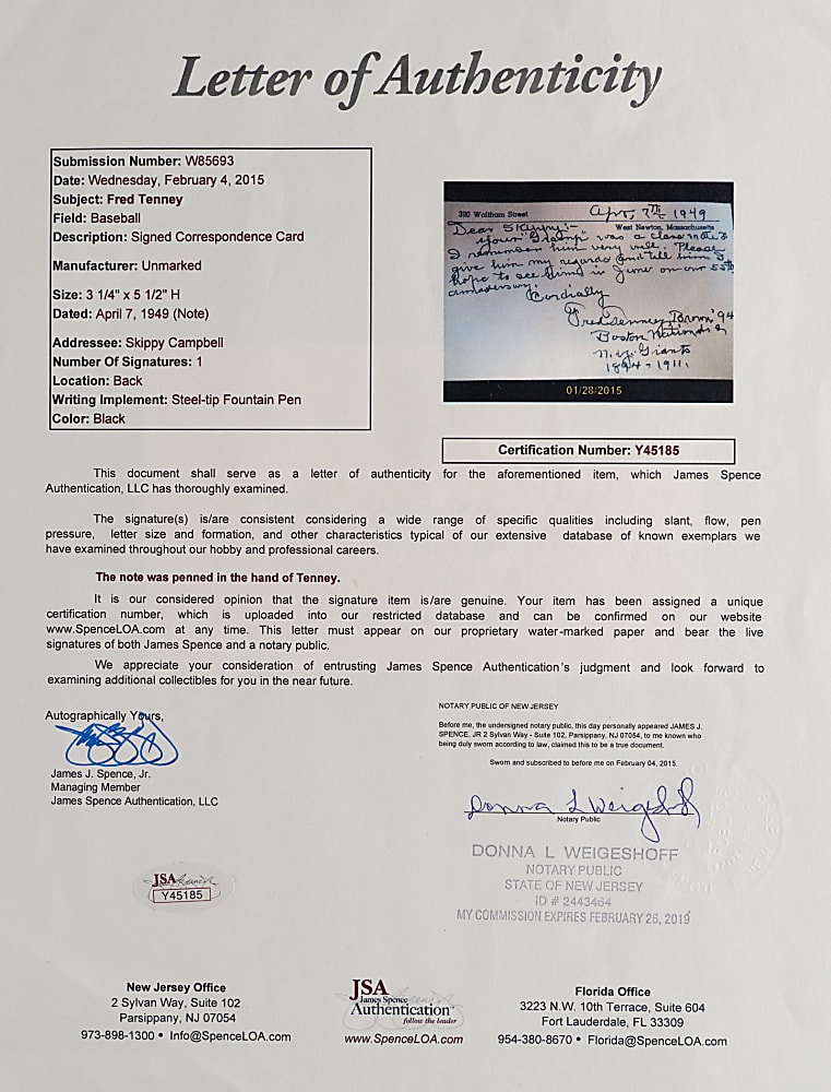 1949 Fred Tenney Signed Correspondence Card with "Boston Nationals & NY Giants, 1894-1911" Inscription - Full JSA LOA