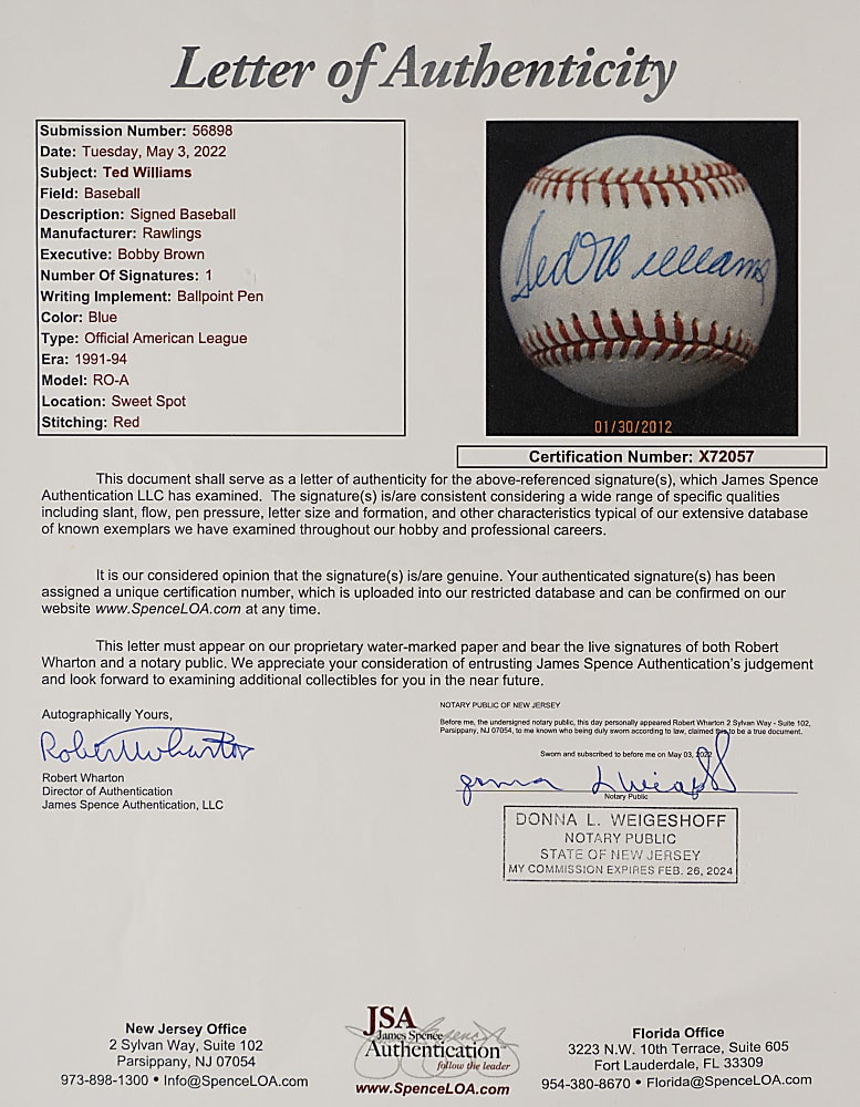 Ted Williams Single-Signed OAL/Brown Baseball with Full JSA LOA