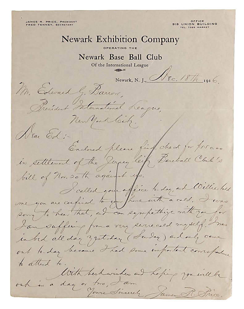 1916 Newark Baseball Club Pres. James Price Signed Letter to International League Pres. Ed Barrow on Letterhead