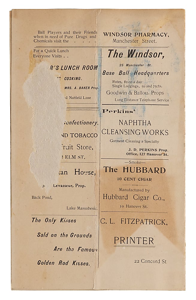 1902 Boston Beaneaters at Manchesters (NH) Barnstorming Scorecard With Phenomenal Smith