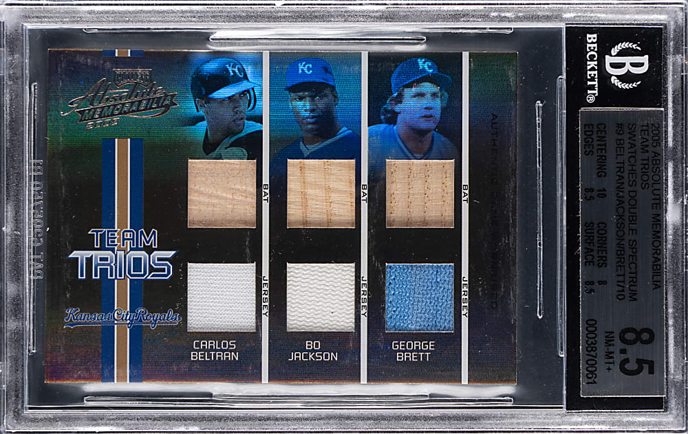 2005 Playoff Absolute Memorabilia Carlos Beltran/Bo Jackson/George Brett Six-Piece Relic Insert #6/10 BGS NM-MT+ 8.5