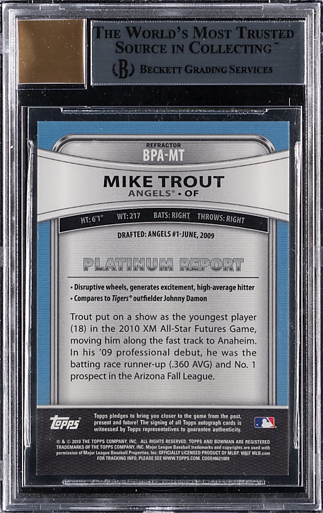 2010 Bowman Platinum Prospects Autograph Mike Trout Rookie Refractor BGS MINT 9 with Auto 9