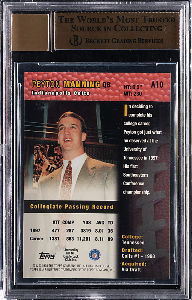 1998 Topps Football Autographs Peyton Manning Bronze Rookie BGS GEM MINT 9.5 with Auto 10