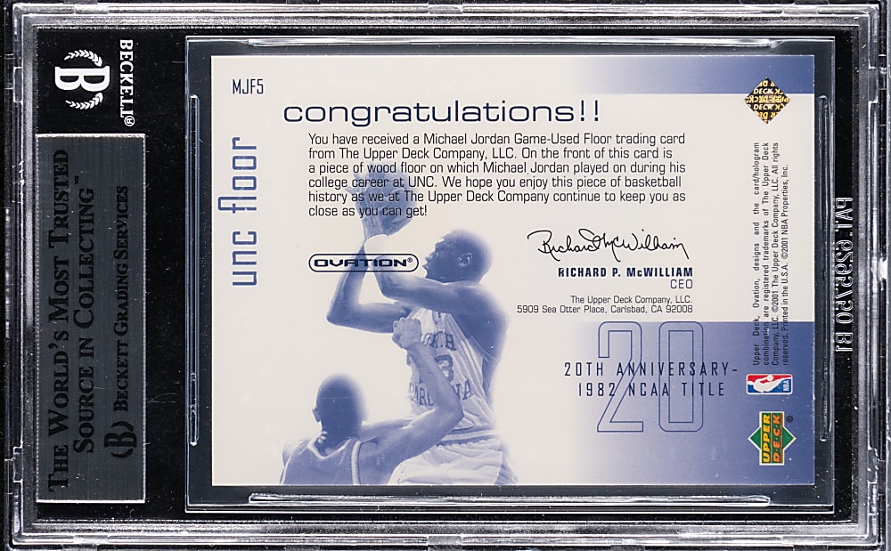 2001-2002 Upper Deck Ovation Basketball #5 Michael Jordan UNC Floor Relic BGS MINT 9