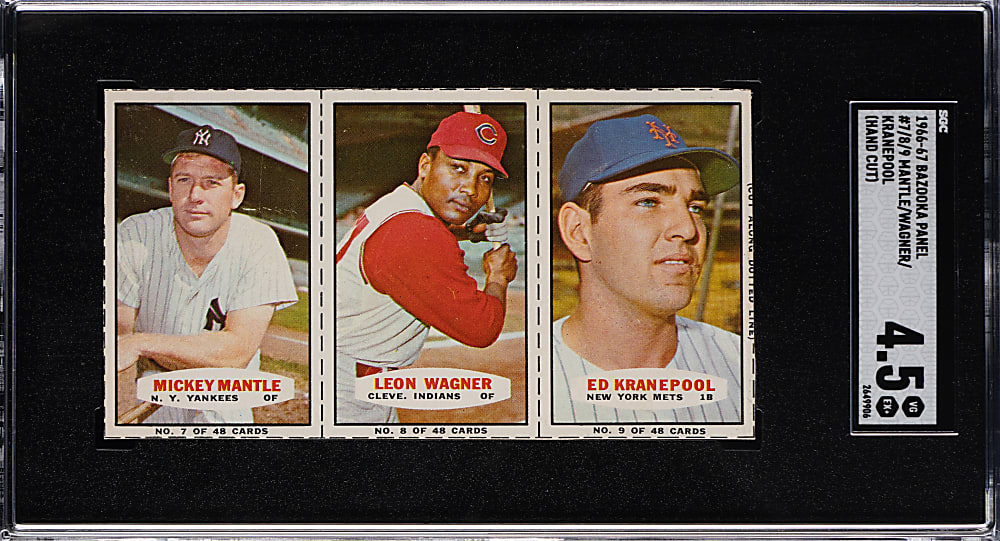 1966 Bazooka Panel #7/8/9 Mickey Mantle/ Leon Wagner/Ed Kranepool Hand Cut SGC VG/EX+ 4.5