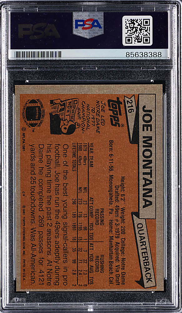 1981 Topps Football #216 Joe Montana Signed Rookie PSA/DNA NM-MT 8 Autograph