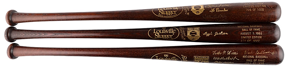 1993-1995 Signed Hall of Fame Induction Bats Run (3) with (6) Total Signatures Including Ashburn, Carlton & Schmidt