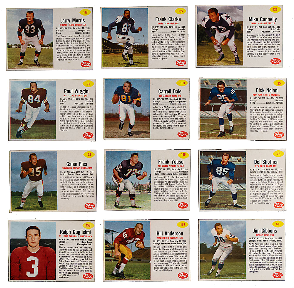 1962 Post Cereal Football Near Complete Set (179/200) with Several Hall of Famers & Shortprints