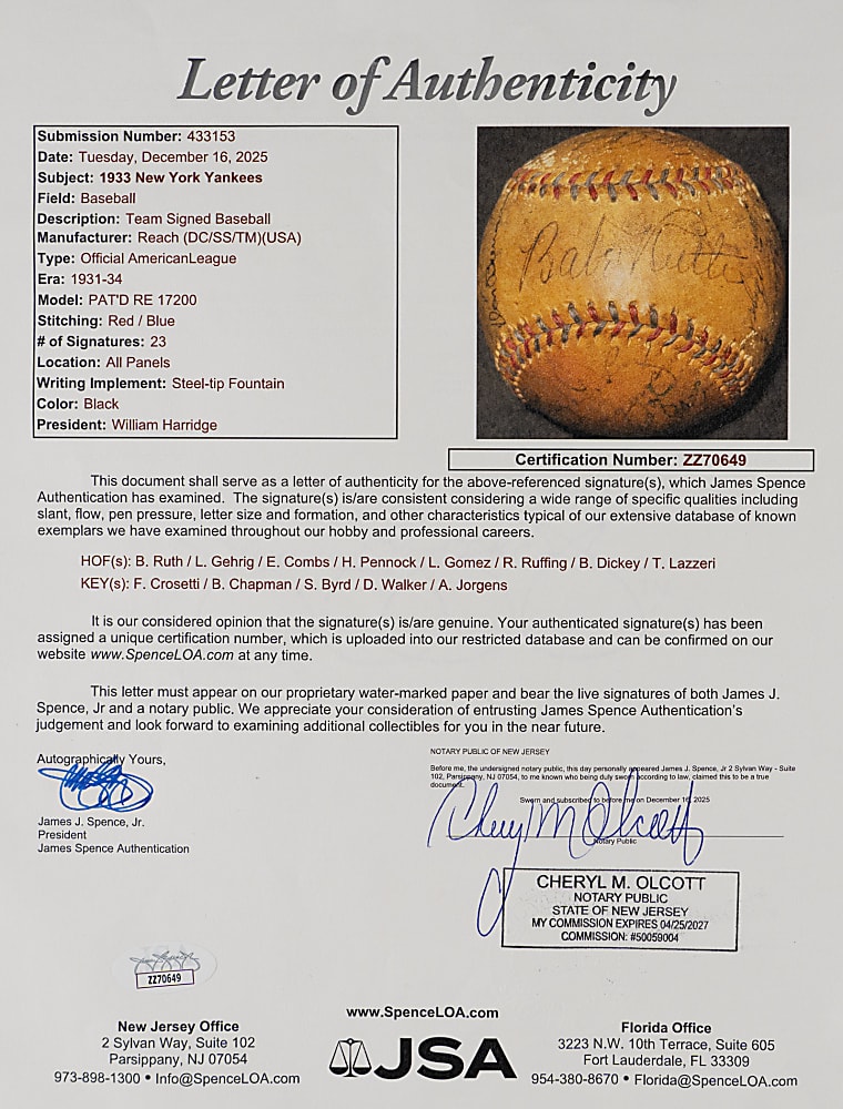 1933 New York Yankees Team-Signed OAL/Harridge Baseball with (23) Signatures Including Babe Ruth & Lou Gehrig - Full JSA LOA