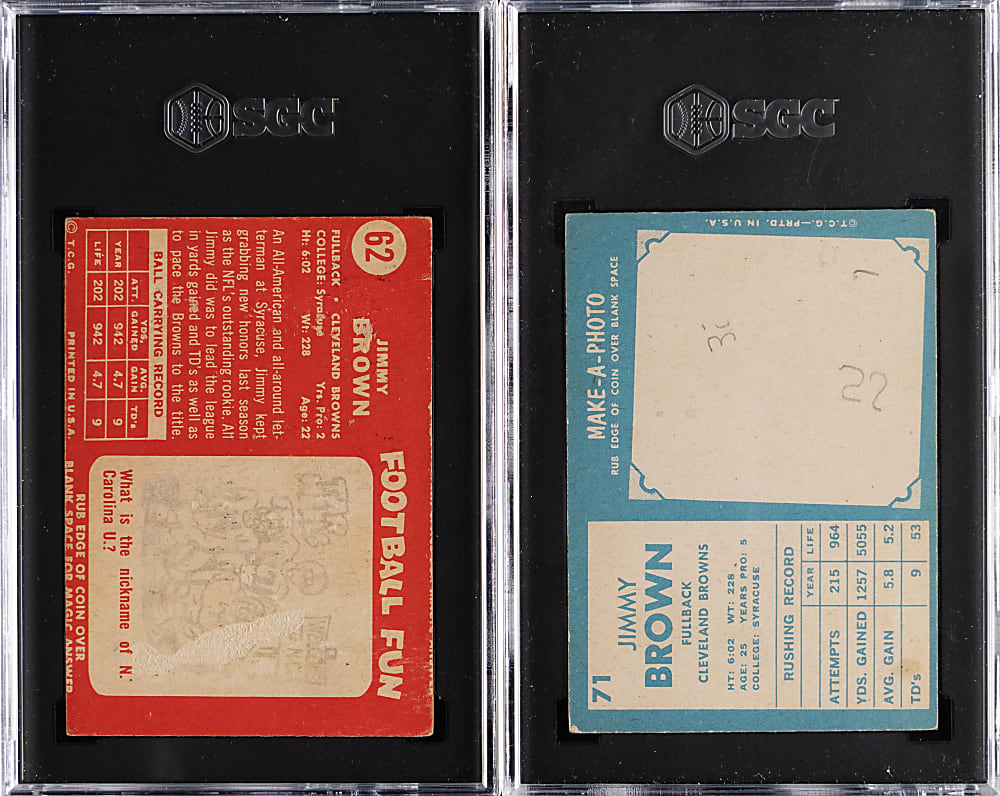 1958 & 1961 Topps Football Jim Brown SGC Graded Pair with Rookie