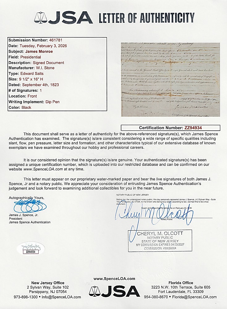1823 President James Monroe Signed Land Grant - Full JSA LOA