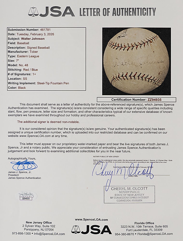 Walter Johnson Signed Tober Eastern League Baseball - Full JSA LOA