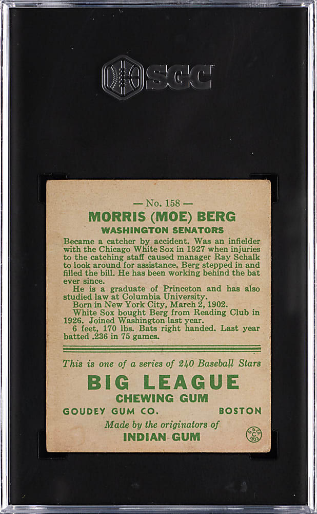 1933 Goudey #158 Moe Berg SGC GOOD+ 2.5