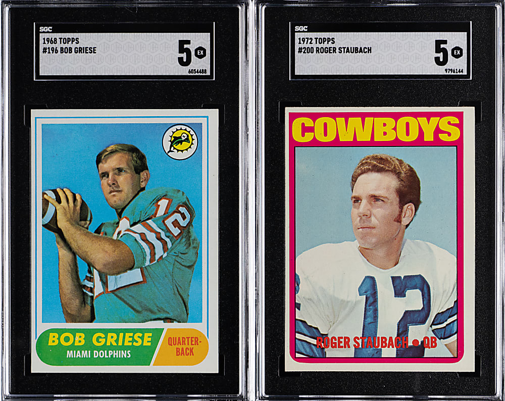1968 & 1972 Topps Football Hall of Fame Quarterback Rookie SGC EX 5 Graded Pair with Bob Griese & Roger Staubach