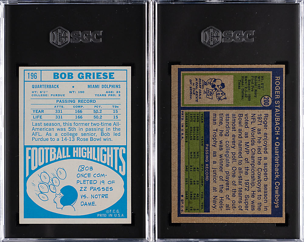 1968 & 1972 Topps Football Hall of Fame Quarterback Rookie SGC EX 5 Graded Pair with Bob Griese & Roger Staubach