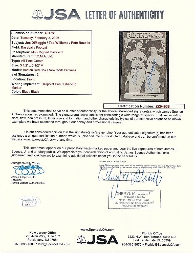 1973 TCMA All-Time Greats Triple-Signed with Ted Williams, Joe DiMaggio & Pete Rozelle with Full JSA LOA