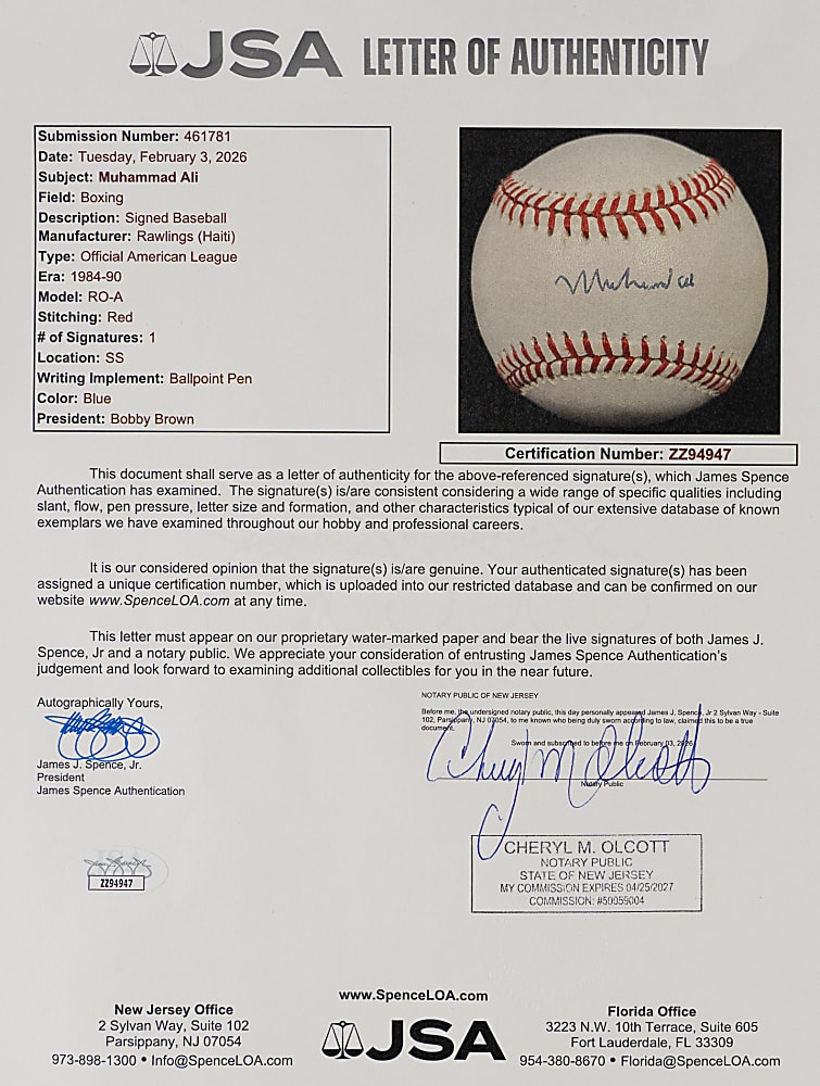 Clean Muhammad Ali Single-Signed OAL/Brown Baseball - Full JSA